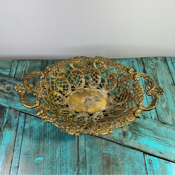 Vintage Large Brass Filigree Ornate Lattice Detail Oval Bowl Basket Metal Basket - Picture 2 of 12
